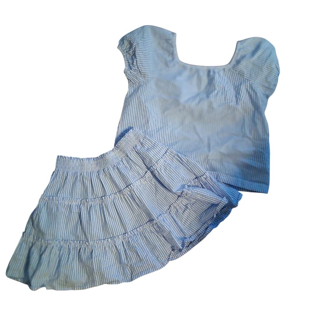 Crewcuts Seersucker skirt + top girls 12 blue white striped cotton Spring '25